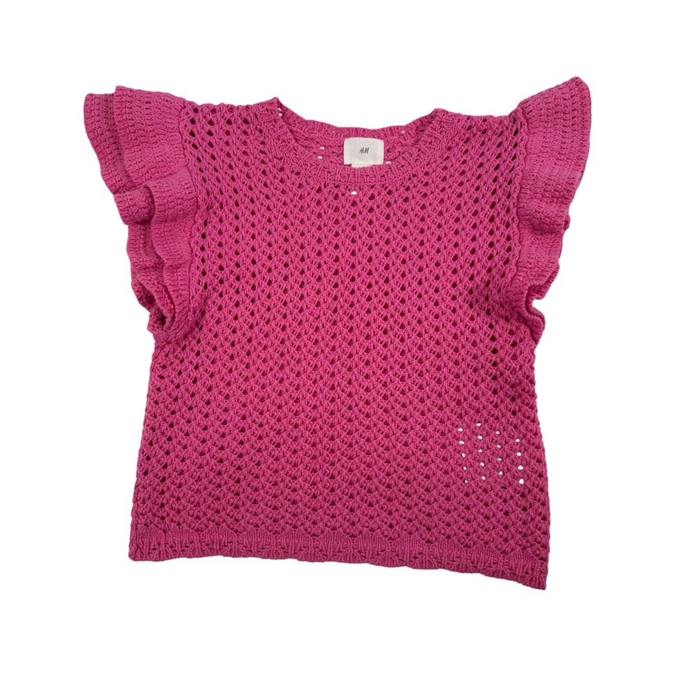 H&M Women's XS Fuchsia Pink Crochet Knit Ruffle Sleeve Top Open Weave Crew Neck - Picture 1 of 5